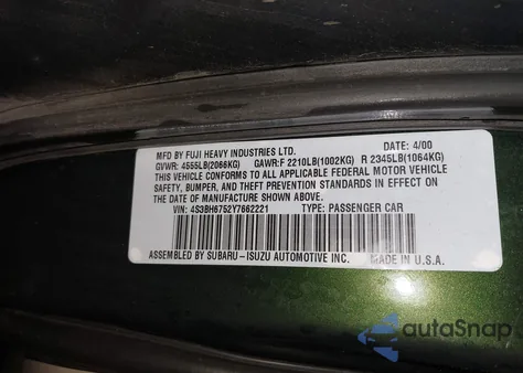 2000 Subaru Outback z USA, uszkodzony, nr VIN 4S3BH6752Y7662221